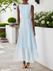 Light Blue Lace Asymmetric Chiffon V Neck Sleeveless A-Line Maxi Dress