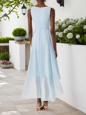 Light Blue Lace Asymmetric Chiffon V Neck Sleeveless A-Line Maxi Dress