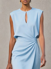Blue Sheath/Column Chiffon Scoop Neck Sleeveless Knee Length Dresses