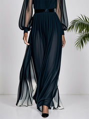 Black Mesh Ruched Chiffon Crew Neck Long Balloon Sleeve A-Line Maxi Dress