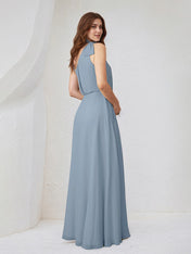 Dusty Blue Chiffon A Line One Shoulder Sleeveless Floor Length Bridesmaid Dresses