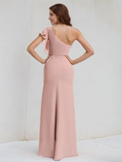 Dusty Rose Chiffon A Line One Shoulder Floor Length Bridesmaid Dress With Ruffle