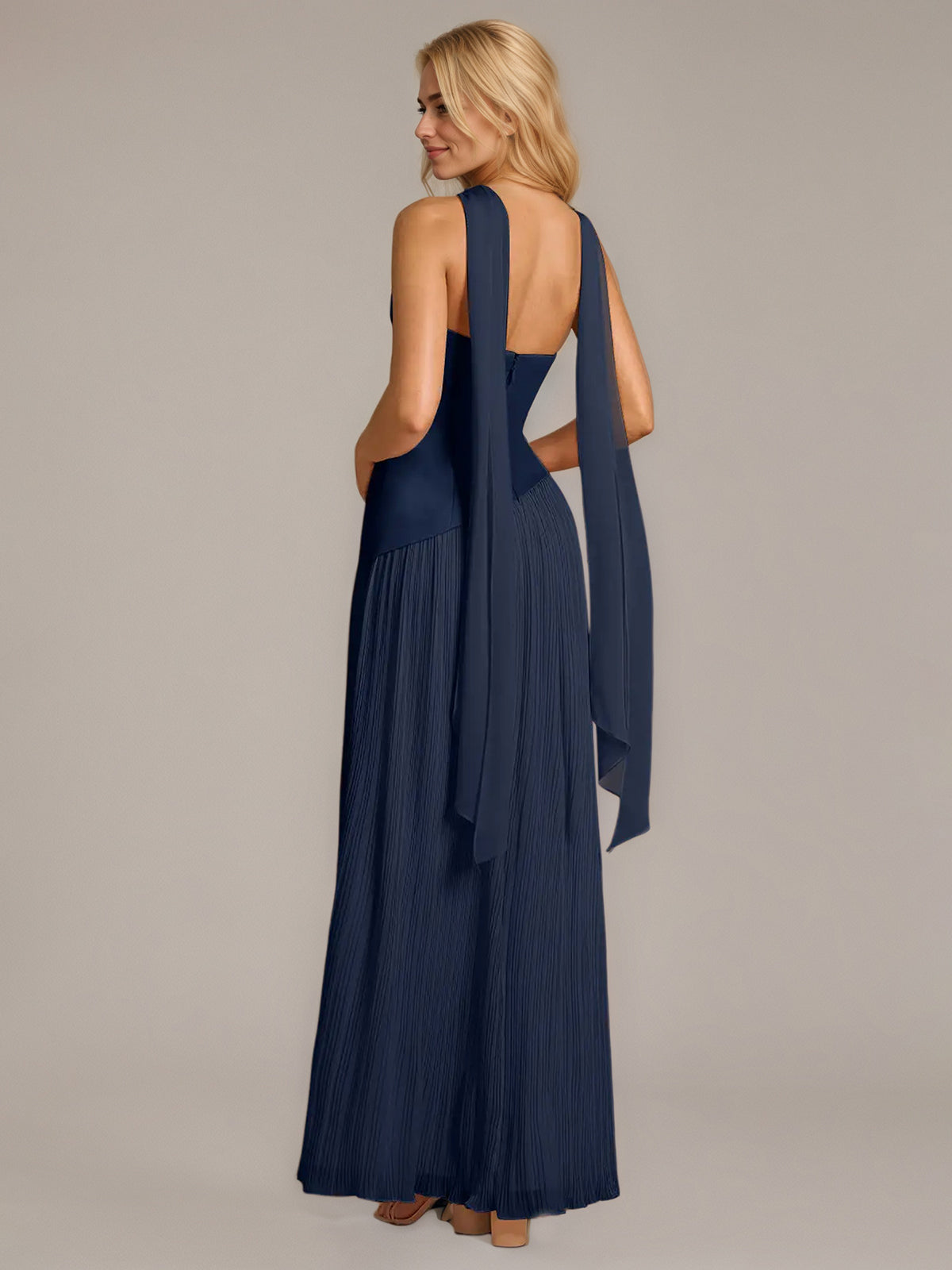 Navy A Line Satin Off The Shoulder Sleeveless Floor Length Dress