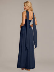 Navy A Line Satin Off The Shoulder Sleeveless Floor Length Dress