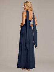 Navy A Line Satin Off The Shoulder Sleeveless Floor Length Dress