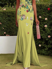 Yellow Floral Short Sleeve A-Line Gown