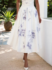 White Floral Classic V Neck Sleeveless A-Line Midi Dress