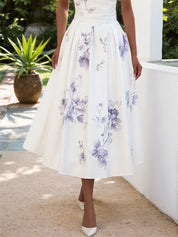 White Floral Classic V Neck Sleeveless A-Line Midi Dress