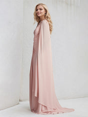 A Line Pink Chiffon One Shoulder Long cape sleeve Floor Length Pleated Dress With Appliques