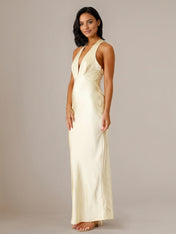 Yellow Satin Sheath/Column V Neck Sleeveless Floor Length Bridesmaid Dresses