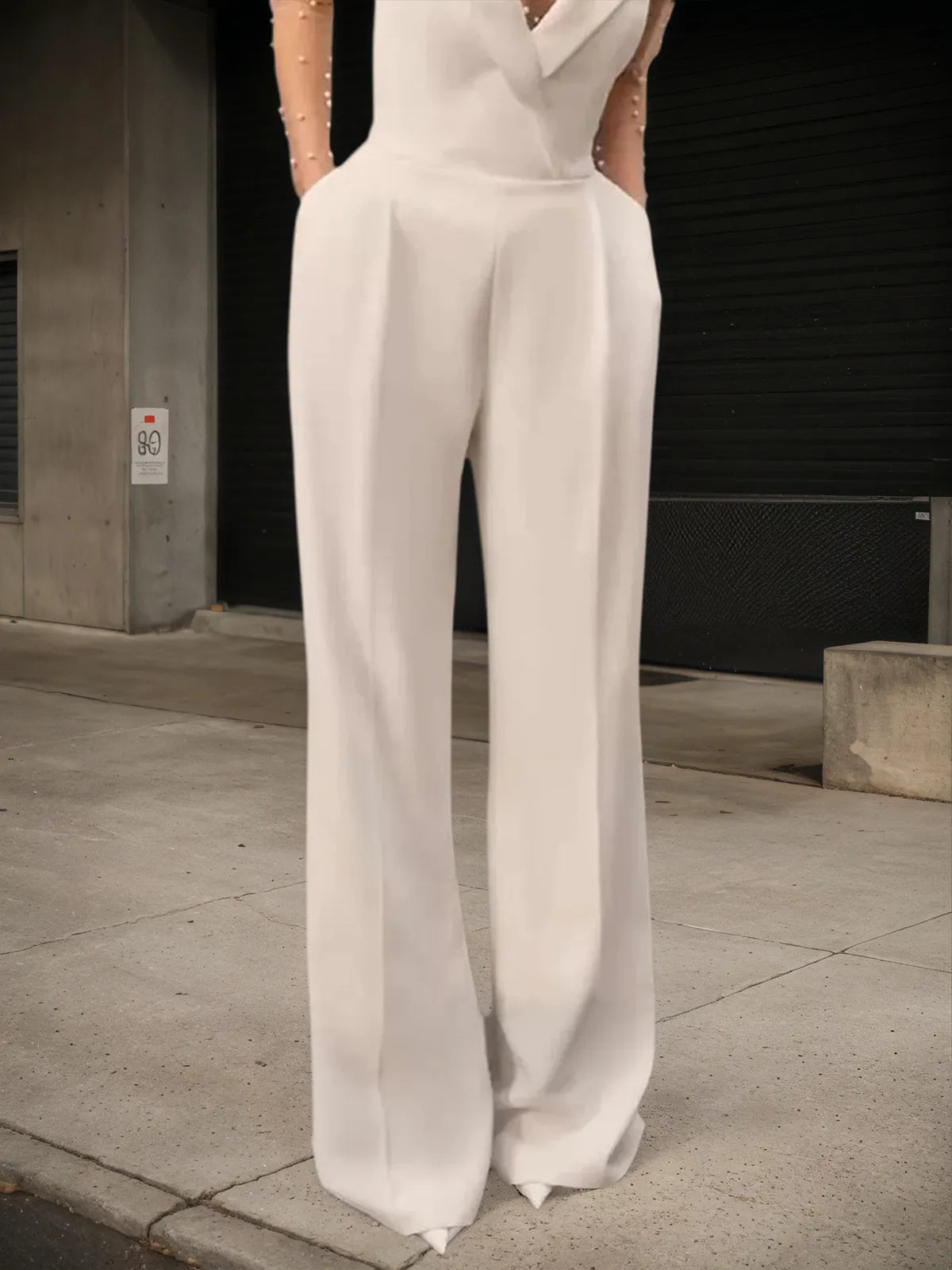 Women White Mesh Imitation Pearls Strapless Wide-Leg Jumpsuit