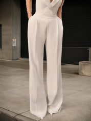 Women White Mesh Imitation Pearls Strapless Wide-Leg Jumpsuit