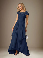 A Line Chiffon Scoop Neck Short Sleeves Floor Length Pleated Mother of the Bride Dresses With Appliques