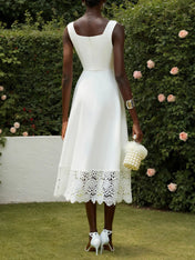 White Lace Classic Square Neck Sleeveless A-Line Tea Length Dress