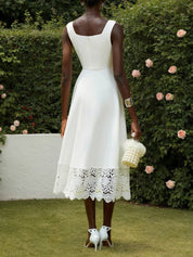 White Lace Classic Square Neck Sleeveless A-Line Tea Length Dress