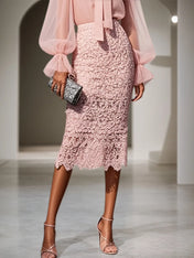 Women Pink Lace Bow Crew Neck Long Sleeve Bell Sleeve Dressy Top With Skirt Two-Piece Set