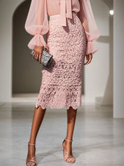 Women Pink Lace Bow Crew Neck Long Sleeve Bell Sleeve Dressy Top With Skirt Two-Piece Set
