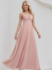 Dusty Rose Chiffon A Line V Neck Sleeveless Floor Length Bridesmaid Dress