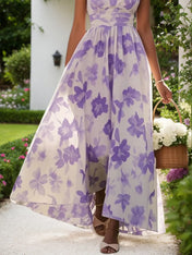 Lavender Purple Floral Chiffon V Neck Sleeveless A-Line Maxi Dress