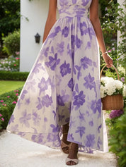 Lavender Purple Floral Chiffon V Neck Sleeveless A-Line Maxi Dress