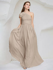 Taupe Chiffon A Line One Shoulder Sleeveless Floor Length Bridesmaid Dress