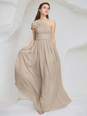 Taupe Chiffon A Line One Shoulder Sleeveless Floor Length Bridesmaid Dress