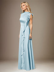 Sky Blue A Line Satin High Neck Sleeveless Floor Length Dress