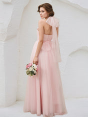 Pink Tulle A Line Halter Neck Sleeveless Floor Length Bridesmaid Dress