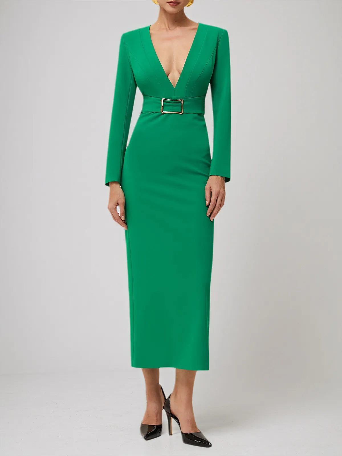 Green Deep V Neck Long Sleeve Sheath Maxi Dress