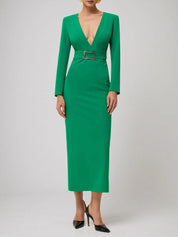 Green Deep V Neck Long Sleeve Sheath Maxi Dress