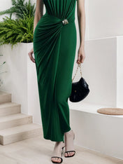 Dark Green Grommets Ruched Knit Crew Neck Sleeveless Sheath Maxi Dress