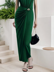 Dark Green Grommets Ruched Knit Crew Neck Sleeveless Sheath Maxi Dress