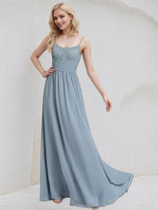 Dusty Blue Chiffon A Line Spaghetti Straps Sleeveless Floor Length Pleated Bridesmaid Dress
