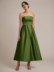 Green Satin A Line Off The Shoulder Sleeveless Ankle Length Bridesmaid Dress