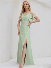 Celadon Chiffon A Line Spaghetti Straps Floor Length Bridesmaid Dress With Ruffle