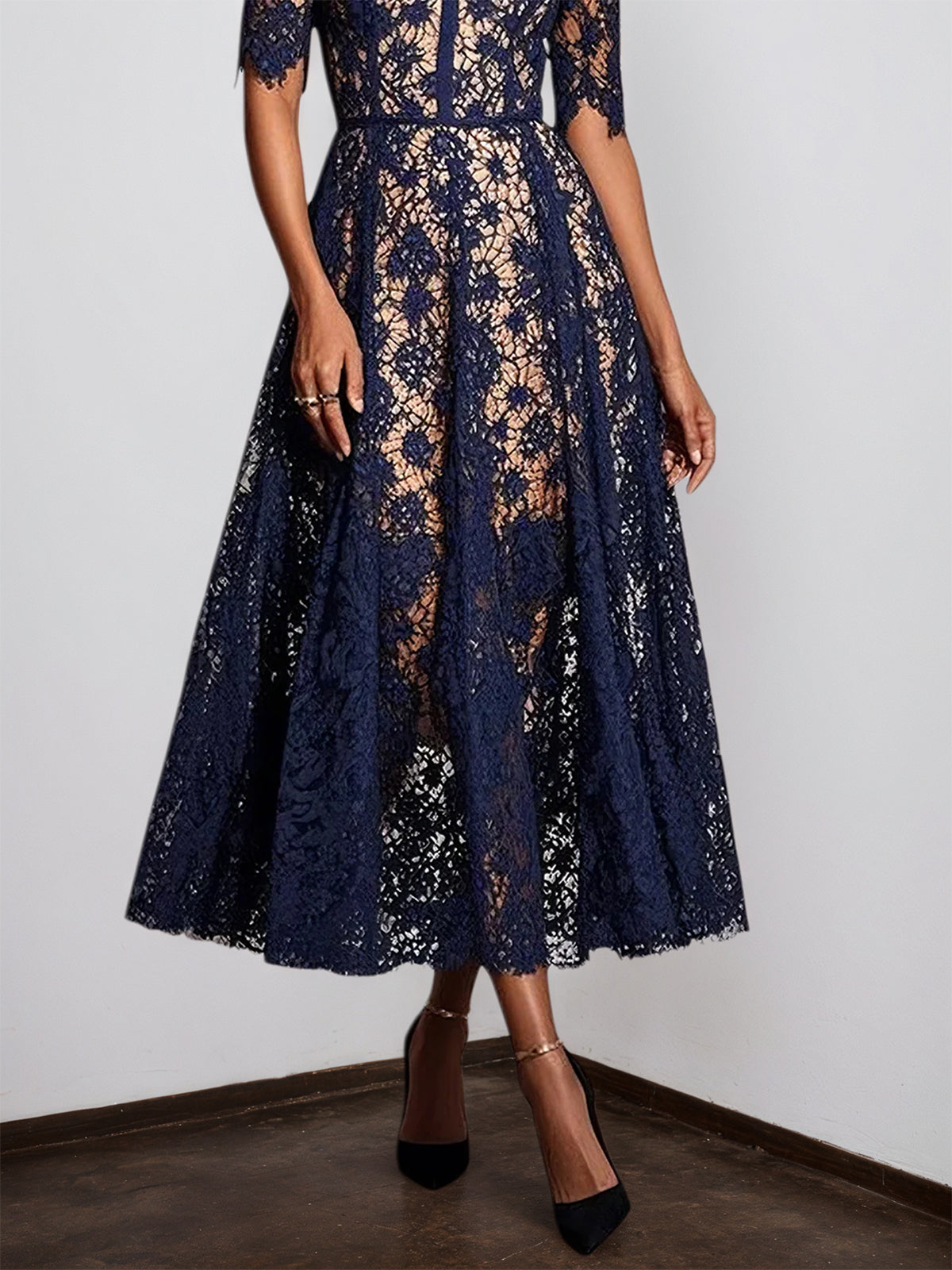 Purplish Blue Lace Off The Shoulder Short Sleeve A-Line Midi Dress