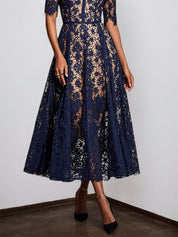 Purplish Blue Lace Off The Shoulder Short Sleeve A-Line Midi Dress