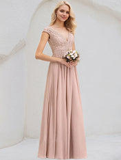 Dusty Rose A-Line V-Neck Floor-Length Lace Chiffon Bridesmaid Dress