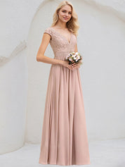 Dusty Rose A-Line V-Neck Floor-Length Lace Chiffon Bridesmaid Dress