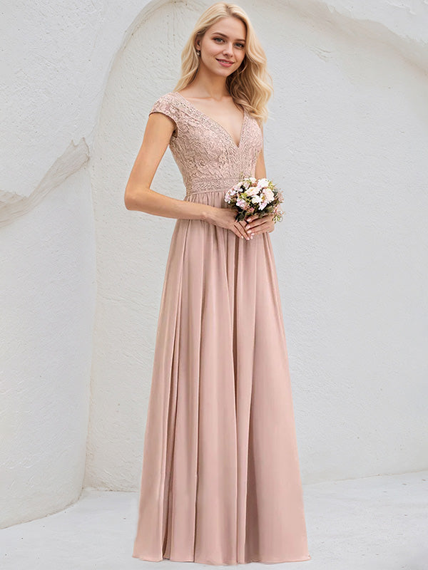 Dusty Rose A-Line V-Neck Floor-Length Lace Chiffon Bridesmaid Dress