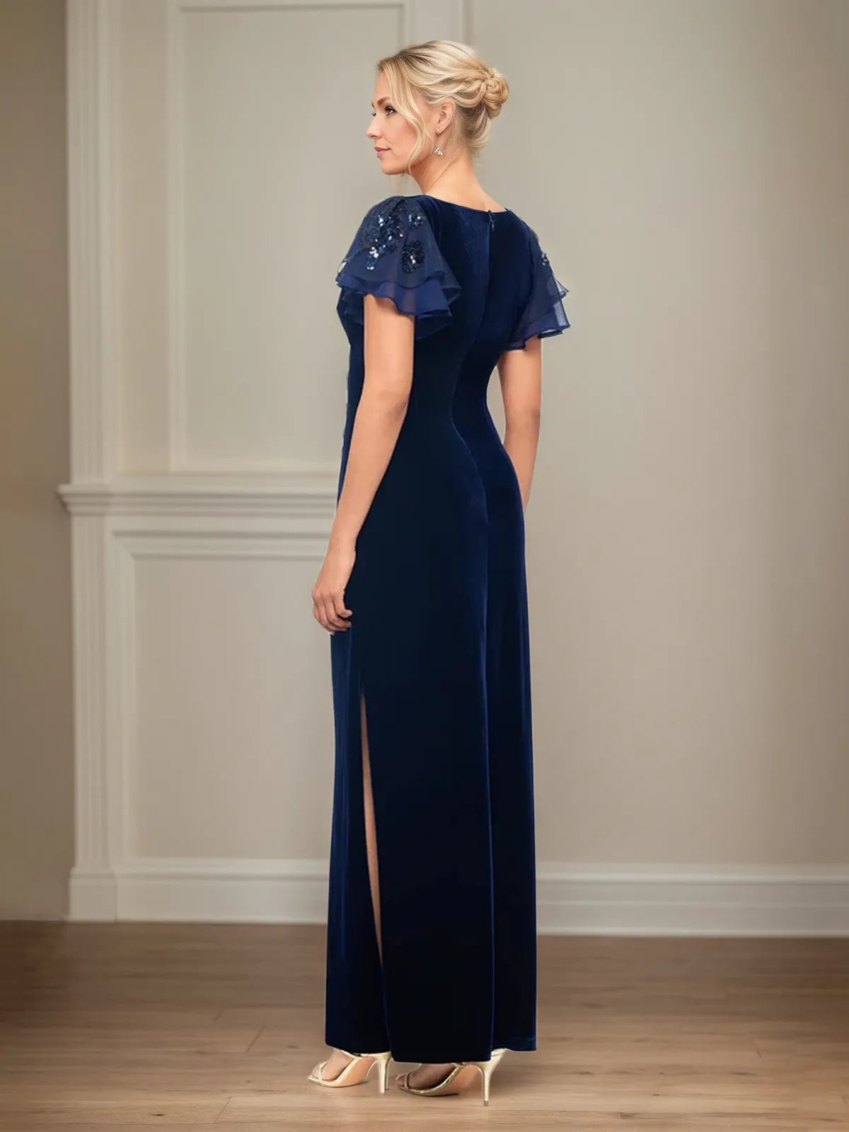 Sheath/Column Velvet V Neck Short Sleeve Floor Length Dress With Ruffles