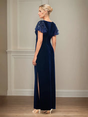 Sheath/Column Velvet V Neck Short Sleeve Floor Length Dress With Ruffles