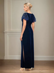 Sheath/Column Velvet V Neck Short Sleeve Floor Length Dress With Ruffles