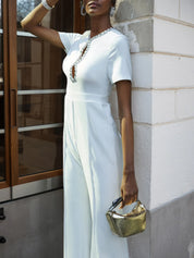Women White Cut Out Short Sleeve Rheinstone Wide-Leg Jumpsuit