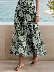 Green Cut Out Floral A-Line Maxi Chiffon Dress