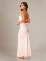 Blushing Pink Satin Sheath/Column Scoop Floor Length Bridesmaid Dresses