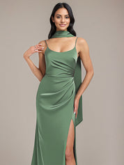Eucalyptus Sheath/Column Spaghetti Straps Floor-Length Satin Bridesmaid Dress With Scarf