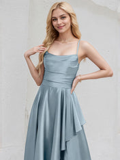 Dusty Blue Satin A Line Spaghetti Straps Sleeveless Asymmetrical Bridesmaid Dress