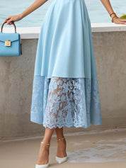 Light Blue Lace Classic V Neck Short Sleeve A-Line Midi Dress