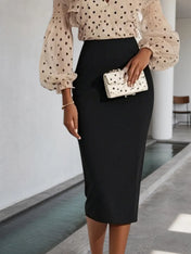 Apricot Peplum Chiffon Long Sleeve Balloon Sleeve Sheath Midi Dress